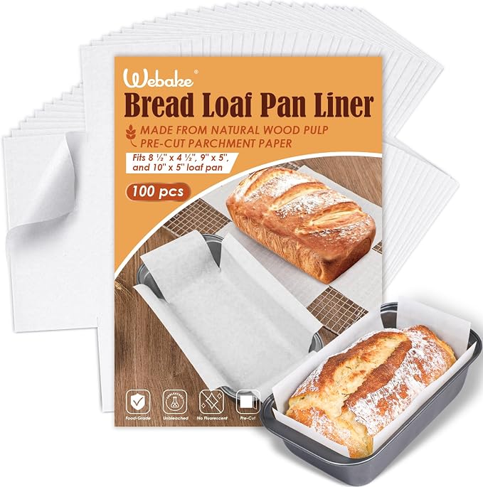Webake Unbleached Parchment Paper Loaf Pan Liners for Baking Bread 9x5, 1lb 1.5lb 2lb, Original Precut, Non Toxic Baking Paper 100Pcs