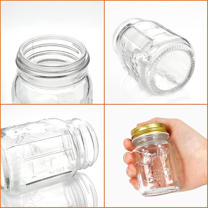 CycleMore 15 Pack 4oz Glass Spice Jars with Gold Metal Caps and Shaker Lids
