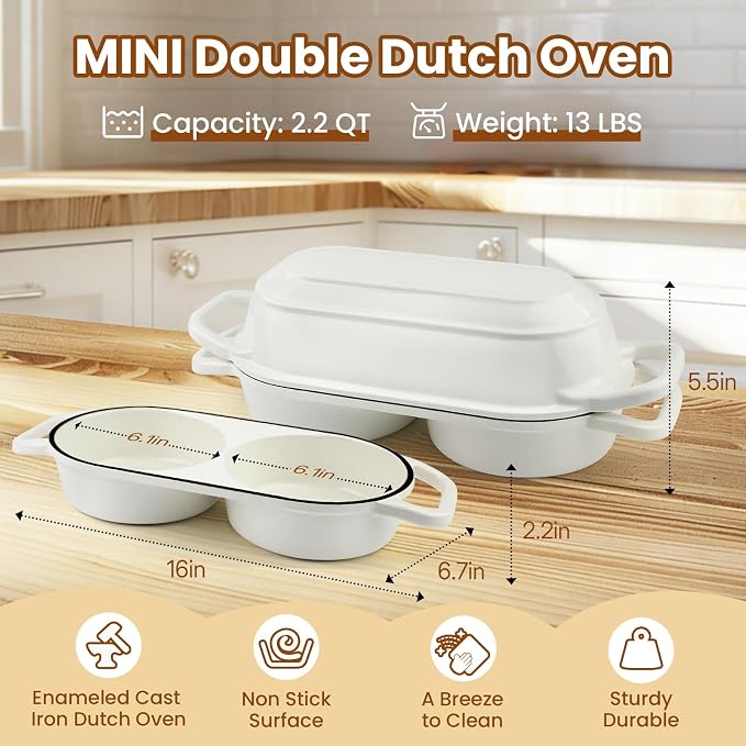 YONILL Mini Double Dutch Oven with Lid for Sourdough Bread Baking (White) | Enameled Cast Iron Pot with Lid, 5" Banneton Bread Proofing Basket Include, Dual Round Bread Loaf Pan for Homemade Baking