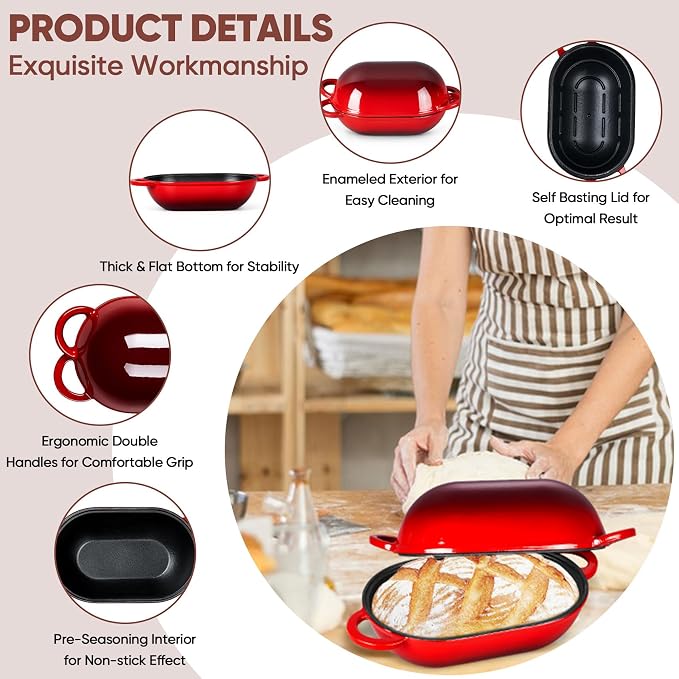 TeamFar Enameled Cast Iron Bread Loaf Pan, 2 QT Oval Dutch Oven with Lid | for Sourdough Bread Baking, Enameled Meatloaf Loaf Baking Pan with Lid, Even Heat Distribution & Self-Basting, Red