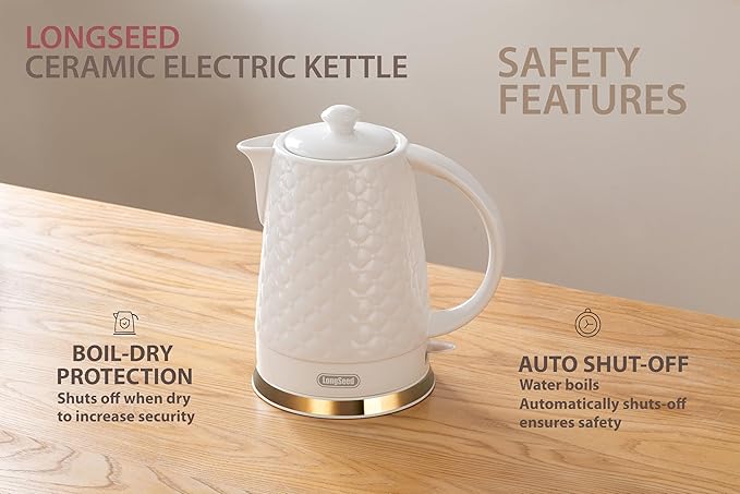 1.5L Ceramic Electric Kettle, 1200W Fast Boil Retro Tea Pot with LED Light, BPA-Free Porcelain Cordless Water Boiler, Auto Shut-Off & Boil-Dry Protection, White Relief Carving
