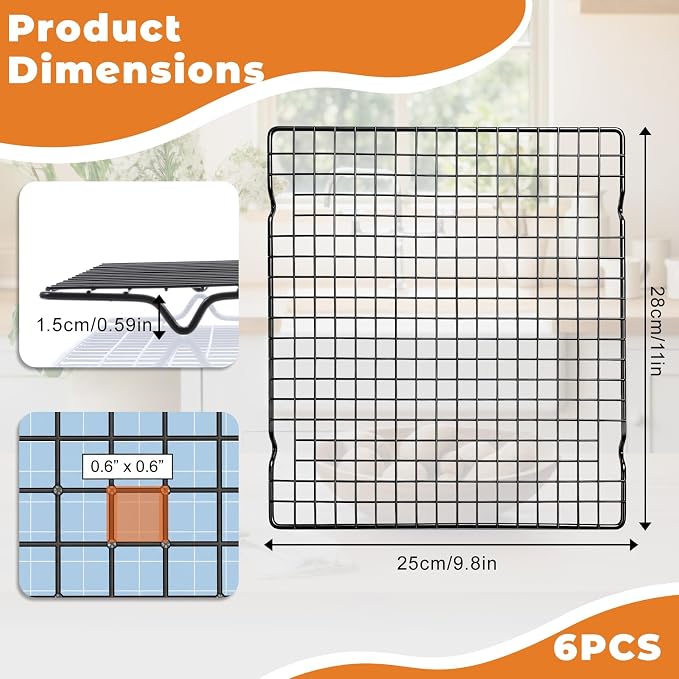6 Pcs Metal Kitchen Baking Cooling Rack Square Wires 9.8 x 11 inches | Heavy Duty Wire Rack Baking Racks for Cooking, for Roasting Cooking Grilling Drying, Oven Safe(Black)
