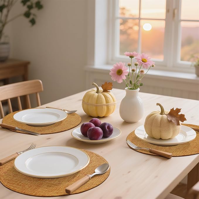 Cotton Linen 15 Inch Round Cloth Place mats, Set of 6, Amber | Washable Table Mats, Heat Resistant, Reversible, Wipeable Place Mats for Indoor Outdoor