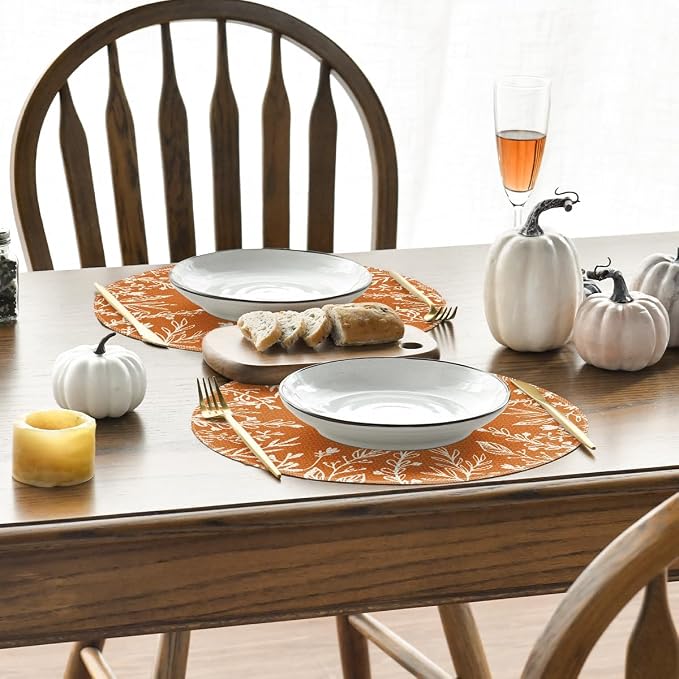 Artoid Mode Eucalyptus Leaves Round Fall Placemats Set of 8-14 Inch | Heat-Resistant, Washable Table Mats, Seasonal Autumn Kitchen Dining Decor