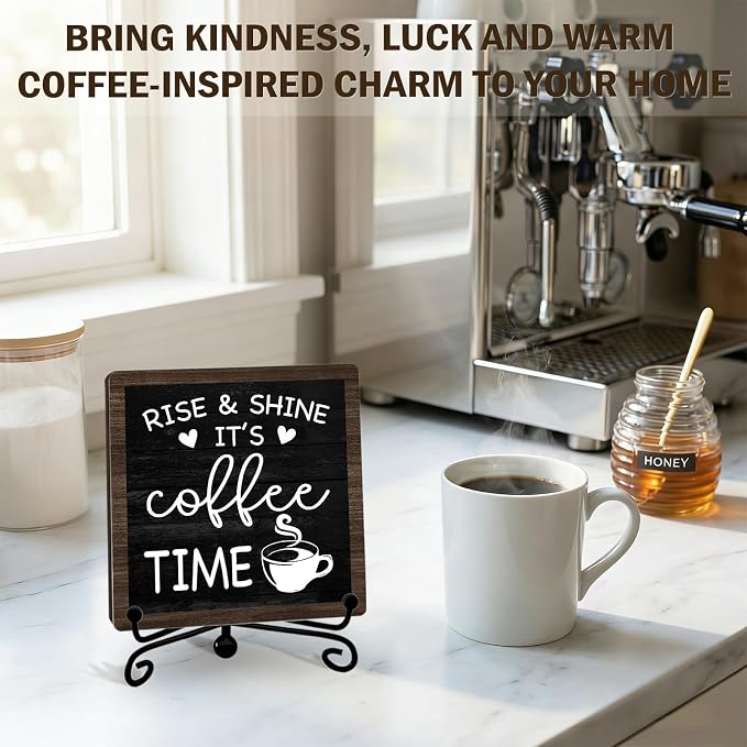 Rustic Coffee Bar Decor, 5"x5" Coffee Bar Sign | Rise & Shine It's Coffee Time Wood Plaque with Stand | Minimalism Gift for Home Kitchen Tabletop Desk - A05