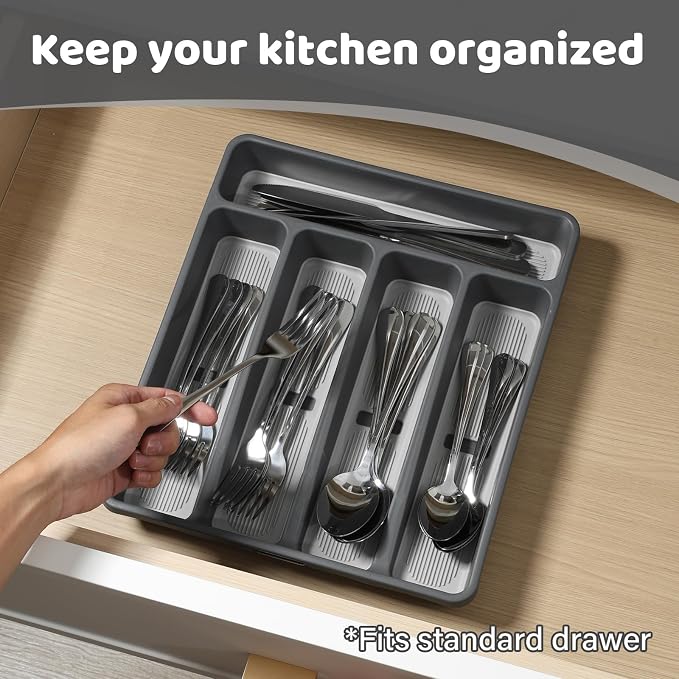 5-Compartment Silverware Organizer Tray with Icons for Kitchen Drawer | Non-slip TPR Linings，5-Compartment，High-quality Plastic，Fits Well In Standard Drawers，With Cutlery Icons