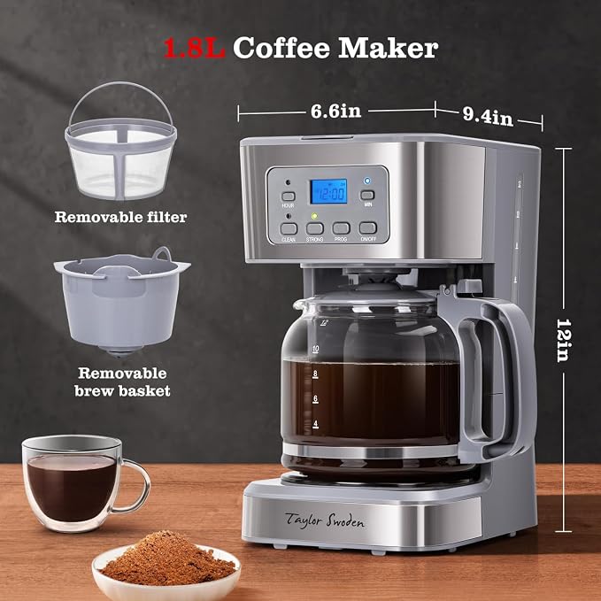 Taylor Swoden 12-Cup Programmable Coffee Maker, Gray & Stainless Steel | Regular & Strong Brew Drip Coffee Machine for Home and Office, Glass Carafe, Pause & Serve, Auto Shut Off