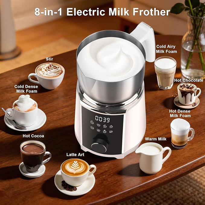 Milk Frother and Steamer, 8 in 1 Detachable Electric Milk Frother, Automatic Warm and Cold Foam Maker, Variable Temperature and Froth Thickness for Latte, Macchiato, Cappuccino, 20.29oz/600ml, White