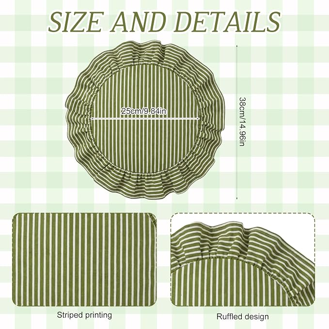 Set of 6 Round Placemats Green Striped Ruffled Circle Placemats 15 Inch Vintage Fabric Farmhouse Boho Rustic Table Mat for Summer Bachelorette Baby Shower Bridal Shower Birthday Party Picnic