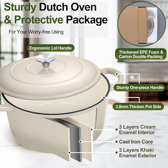 P&P CHEF 5QT Enameled Dutch Oven, Dutch Oven Pot for Bread Baking, Khaki | 5 Quart Enameled Cast Iron Casserole Pot with Lid, for Roasting Braising Stewing Frying Simmering, Work on Various Stoves