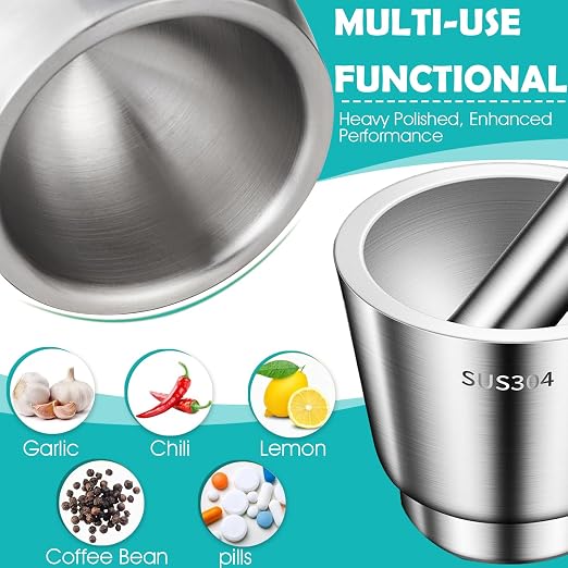 Stainless Steel Mortar and Pestle, Large Capacity 5 Inch Polished Pill Crusher with Lid, Heavy Duty Spice Grinder, Non-Slip Base Grinding Herb Spice Bowl
