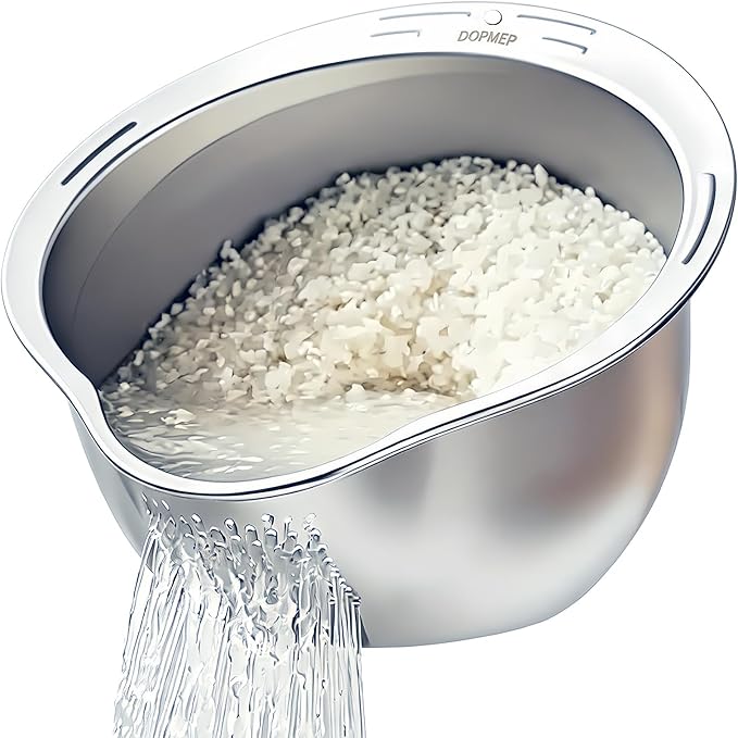 DOPMEP Rice Washer Strainer Bowl Stainless Steel Colander with Side Drainer | Ideal for Soaking, Washing, Cleaning, and Rinsing Rice, Fruits, Vegetables & Beans, Versatile Kitchen Tool