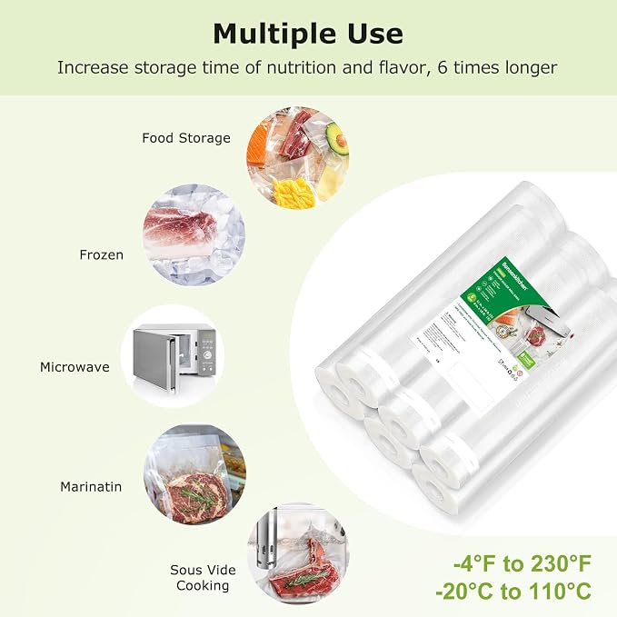 Bonsenkitchen Vacuum Sealer Rolls Bags, 3 Rolls 11"x 16' + 3 Rolls 8"x 16' | Commercial Grade, Heavy Duty, BPA Free, Food Storage Bags, Removes Air to Keep Food Fresh Longer, VB3221