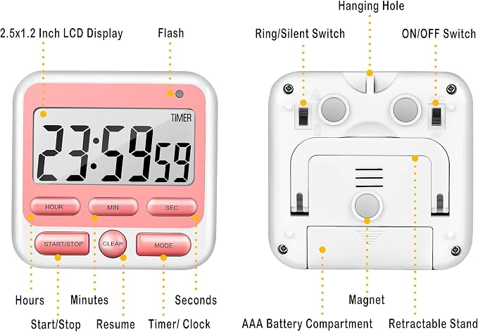 4-in-1 Digital Timer with Count Up/Down, Clock & Alarm, Ring & Silent Modes | Large 2.8-Inch easy-read LCD, On/Off switch, 24-Hour count up/down, Fast-forward function, Magnetic back, stand, hanging hole