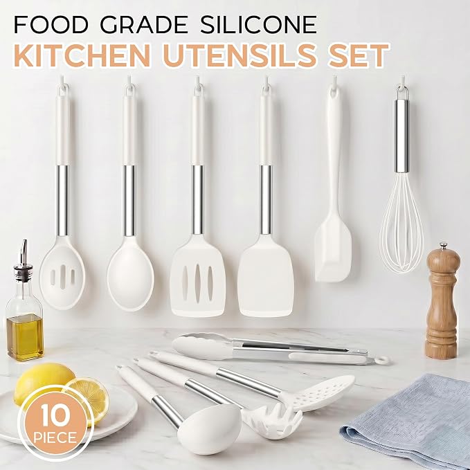 Onader 10 Pieces Silicone Kitchen Utensils Set, Cooking Utensils with Holder and Heat Resistant Stainless Steel Handle for Nonstick Cookware -White
