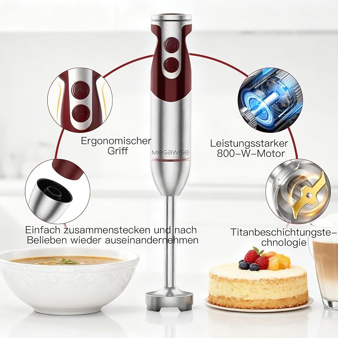 MegaWise Pro Titanium Reinforced 3-in-1 Immersion Corded Hand Blender, Powerful MOTOR with 80% Sharper Blades, 12-Speed Corded Blender, IncludingWhisk and Milk Frother (3-in 1 Red)
