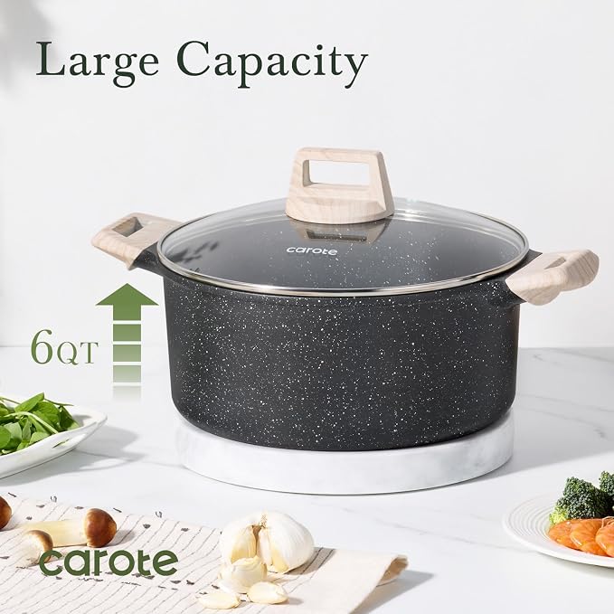 CAROTE Nonstick Stock Pot with Lid, 6 Quart Black Granite Casserole | Kitchen Cooker Compatible with All Stoves, Dishwasher Safe, Cookware for Boiling, Simmer, PFOA Free