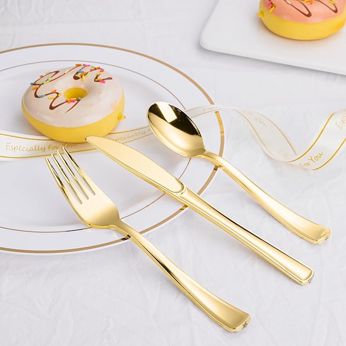 500PCS Gold Plastic Silverware, Disposable Plastic Cutlery/Utensils | Heavy Duty Flatware Kit, 200 Forks, 150 Spoons, 150 Knives, for Party, Wedding, Birthday & Everyday Use