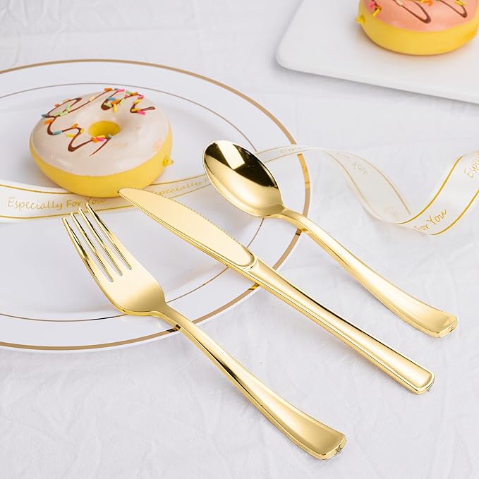 60PCS Gold Plastic Silverware, Heavy Duty Disposable Utensils/Cutlery | 30 Forks, 15 Spoons, 15 Knives, Elegant, BPA-Free, for Party, Wedding, Birthday & Everyday Use