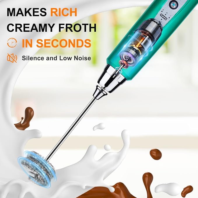 YUSWKO Handheld Milk Frother Wand for Coffee, Rechargeable Electric Whisk with 3 Heads 3 Speeds Drink Mixer Coffee Frother For Latte, Cappuccino, Hot Chocolate, Egg, Turquoise