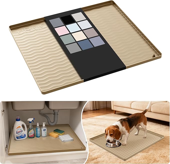 URMONA Waterproof Silicone Under Sink Mat 22'' x 19'' Shelf Liner for Kitchen and Bathroom, Cabinet and Counter Protector, Storage and Organizers, Litter Mat, Pet Cat Puppy Essentials(Khaki)