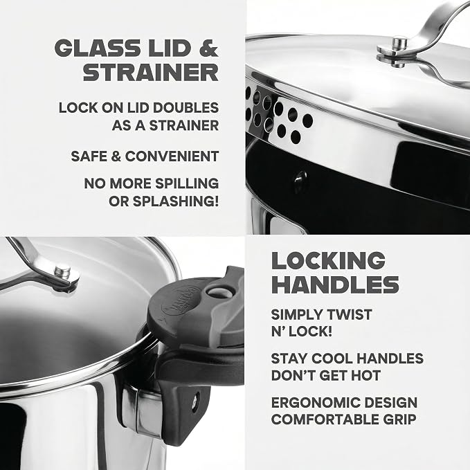 GOTHAM STEEL 8 Qt Stainless Steel Stock Pot Multipurpose Pasta Pot | With Strainer Lid + Twist and Lock Handles, Cooking Pot for Soup, Spaghetti, Rice, Induction Compatible, Dishwasher Safe