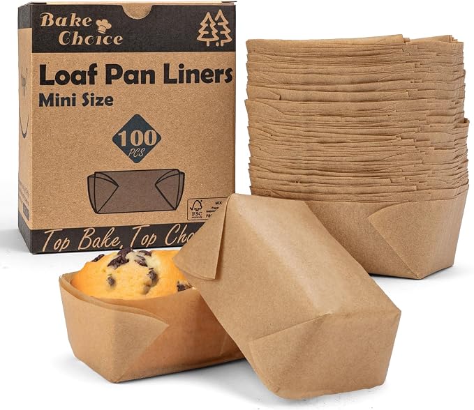 Bake Choice 100 Mini Loaf Pan Liners Compatible with Wilton Mini Loaf Pan | 3.15 * 1.97 * 1.57inch, Natural Parchment Paper Cupcake Liners, Petite Loaf Baking Cups for Cupcake, Muffin, Brownies