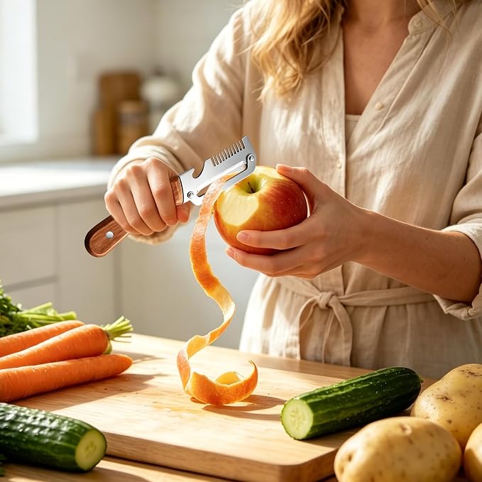 Vegetable Peeler for Kitchen,Multifunctional Vegetable Peeler With Wooden Handle And Bottle Opener,Vegetable Peelers,2-in-1 Stainless Steel Kitchen Tool for Fruit Apple Potato Pumpkin Papaya(3pcs)