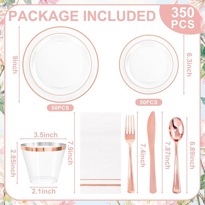 GATHER 350PCS Clear Rose Gold Plastic Plates for Wedding and Party | Rose Gold Disposable Dinnerware include 100 Plastic Plates, 150 Silverware, 50 Napkins, 50 Cups for Baby Shower Bithday