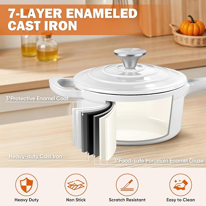 Homikit 1 QT & 2 QT Saucepan Set, Enameled Cast Iron Saucepan with Lid for All Cooktops, Small Pot Mini Dutch Oven for Kitchen Cooking, Boiling, Nonstick & Heavy Duty, White