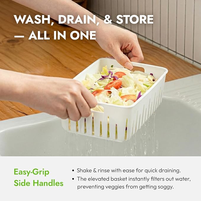 16.9 Cup Produce Saver Container for Fridge with Colander 4.0L | Airtight Fruit & Vegetable Storage Bin, Removable Strainer Basket, BPA-Free, Stackable, White Colander