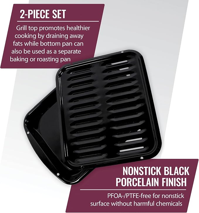 Large 2-Piece Broiler Pan & Grill Set Porcelain-on-Steel 16-1/2"x12-3/4"x1-3/4", Universal, Whirlpool, Broiler Pan for Oven, Black