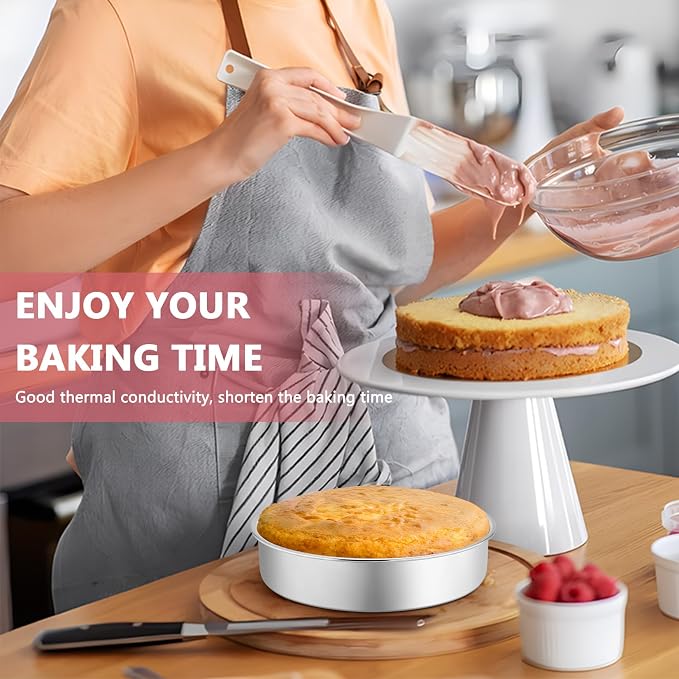 P&P CHEF 8 Inch Cake Pan Set of 4, Stainless Steel Round Cake Pans Tins | Baking Round Cake Bakeware for Birthday Wedding, Leak-proof & Mirror Finish & Easy Releasing, Dishwasher Safe