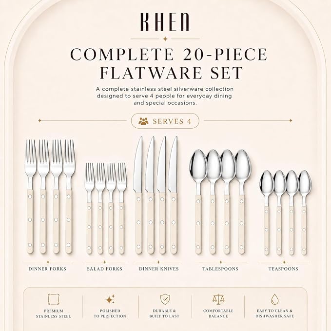 Khen Cutlery Set of 20, 18/8 Stainless Steel Flatware, Modern Silverware for Home, Kitchen, Dining & Table Setting for 4 – Stainless Steel, Dishwasher Safe, Lightweight & Ergonomic Design Gift - Cream