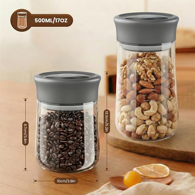 Airtight Glass Storage Jar 16 oz, Easy Open 1/4-Turn Lid Coffee Container | Easy-Open Quarter-Turn Lid, Airtight, Food Grade, Transparency, with Scale