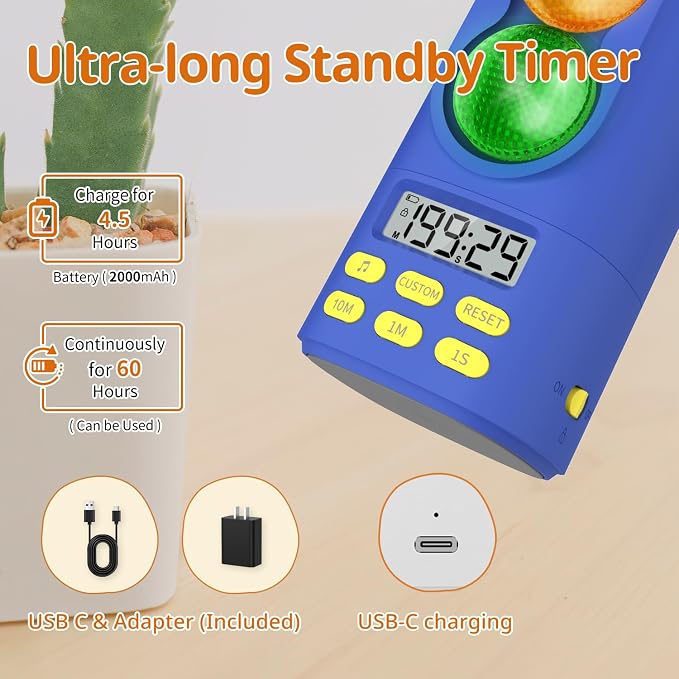 Traffic Light Timer, Custom Countdown, ADHD Tool, Volume & 4 Rings | visual meeting Classroom Desk Kitchen Type C Included Back to School Blue