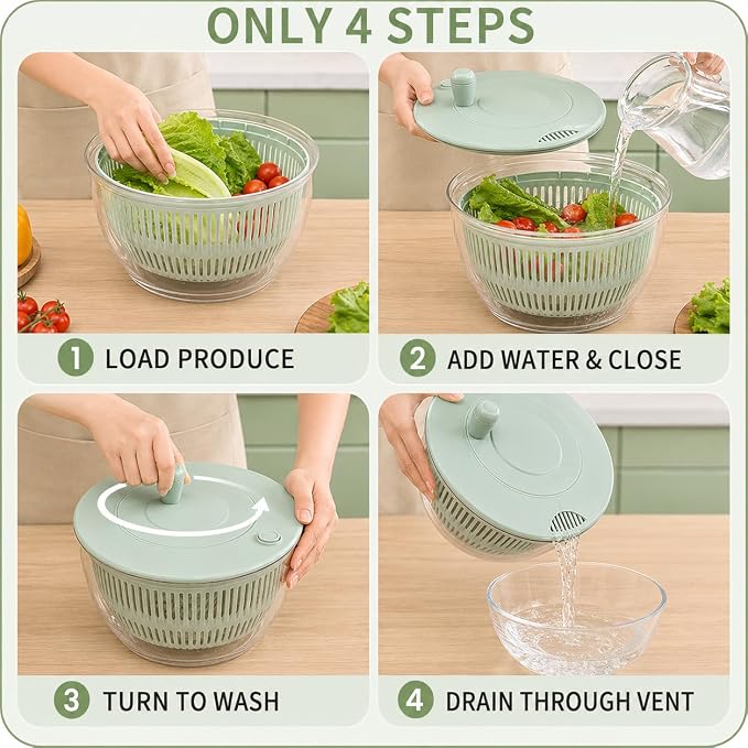 5-Blade Salad Spinner, Mandoline Vegetable Slicer and Juicer, Green | 304 stainless steel blades for slicing, shredding and crinkle cuts, with lettuce dryer basket, egg separator and food holder