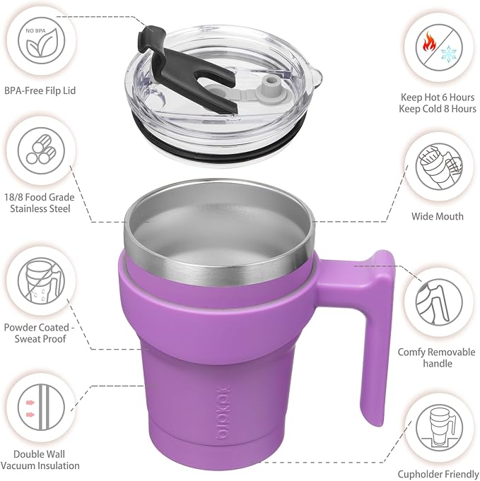 BJPKPK 10 oz Mini Tumbler with Lid, Straw & Handle, Insulated Steel Cup | Small, Spill Proof, Leak Proof, Thermal, Double Wall Vacuum, Sweatproof, Dishwasher Safe, BPA Free, Lavender