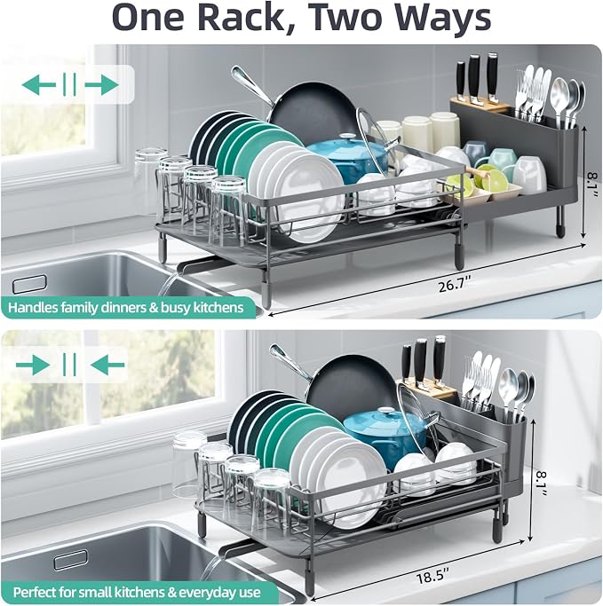 Urackify Extendable Dish Drying Rack, 18.5"-26.7" L x 12.7" W, Gray | Multifunctional large dish rack with cup holder and built-in cutlery holder for versatile drying needs