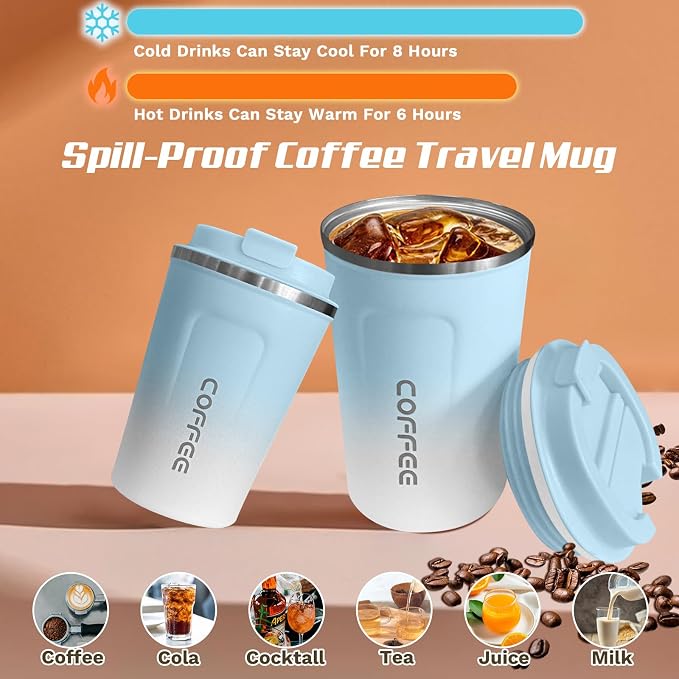 SPLMIFA Travel Coffee Mugs Leak-Proof, Reusable Coffee Cups with Lids, Stainless Steel Vacuum Insulated Coffee Tumblers, Thermal Insulation Cup for Men & Women Hot & Cold Drinks(2nd-Blue White, 12OZ)