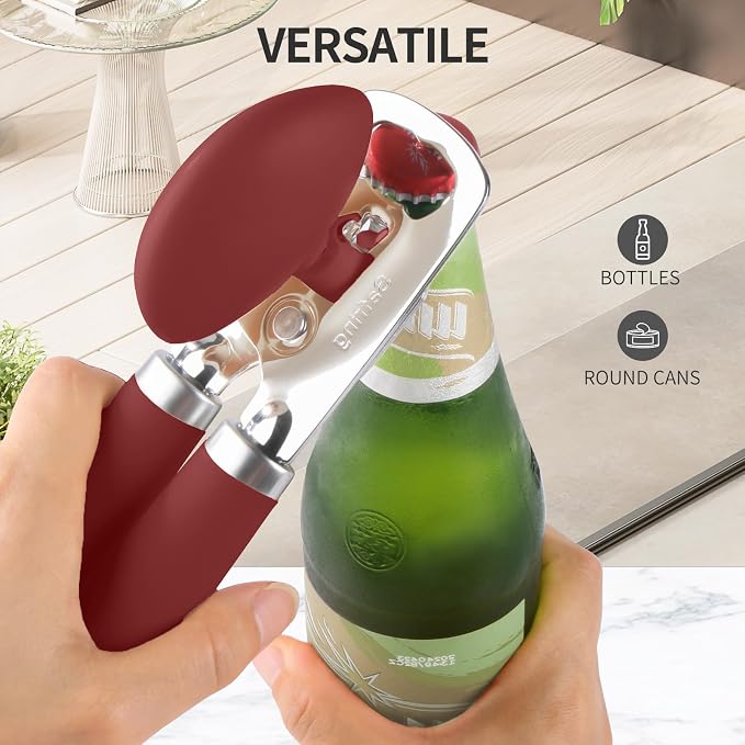 Safring Can Opener Manual, Heavy Duty Stainless Steel Smooth Edge Can Openers With Soft Touch Handle, Oversized Handheld Easy Turn Knob, Multi-Function Bottle Opener, Red