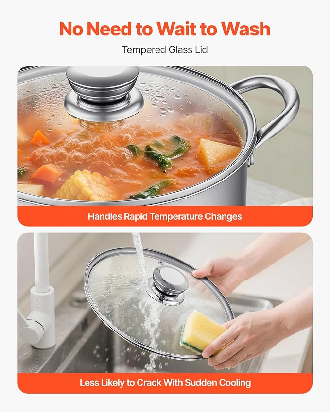 VEVOR Stainless Steel Stock Pot, 8QT Stainless Steel Stockpot with Glass Lid, PFOA-Free, PFAS-Free, Compatible with Gas Stoves, Induction Cooktops, Electric Stoves, for Soups, Stews, and Pasta