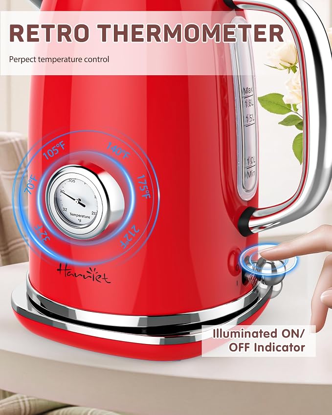 Harriet 61 oz Electric Kettle with Thermometer, Hot Water Pot, Retro | Electric Tea Kettle for Boiling Water, 1500W Stainless Steel Pot, Auto Shut-Off & Boil Dry Protection, Cordless LED Indicator