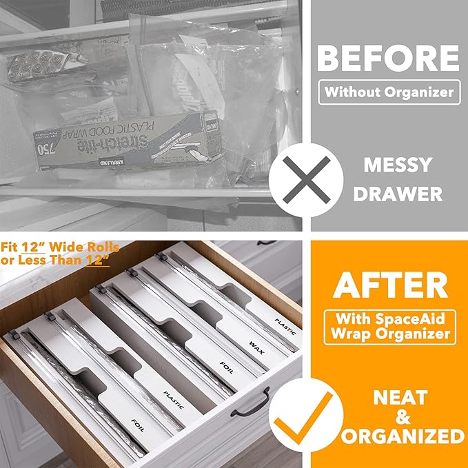SpaceAid WrapNeat 3 in 1 Wrap Organizer with Cutter and Labels, Plastic Wrap, Aluminum Foil and Wax Bamboo Dispenser for Kitchen Storage Organization Holder for 12" Roll (White)
