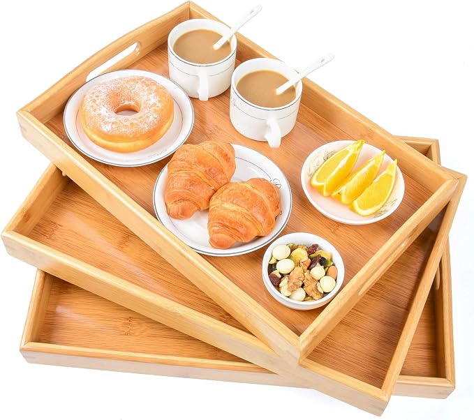 3 Pack Bamboo Serving Trays with Handles, Wooden Food Trays (Beige) | Bamboo Food Trays, Perfect For Breakfast In Bed, Sofa Dining, Serving Drinks, Snacks, And Everyday Organization