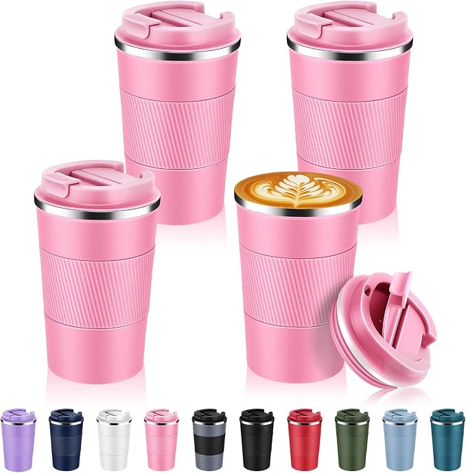 Volhoply 13 oz Stainless Steel Insulated Travel Coffee Mug with Fip Lid Bulk 4 Pack,Reusable Double Wall Vacuum Metal Coffee Cup,Portable Leak Proof Thermal Tumbler for Hot & Cold Drinks(Pink,4)