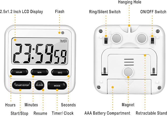 4-in-1 Digital Timer with Count Up/Down, Clock & Alarm, Ring & Silent Modes | Large 2.8-Inch easy-read LCD, On/Off switch, 24-Hour count up/down, Fast-forward function, Magnetic back, stand, hanging hole