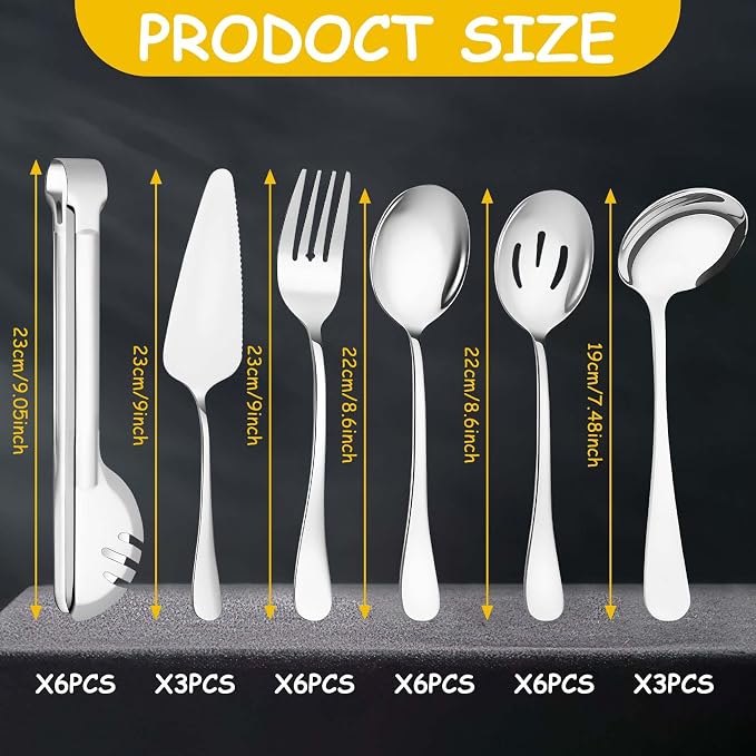 30 Pcs Silver Serving Utensils Set Include Stainless Steel Large Serving Spoons Slotted Spoons Forks Soup Ladle Pie Server - Metal Utensils for Parties Buffet Catering, Dishwasher Safe