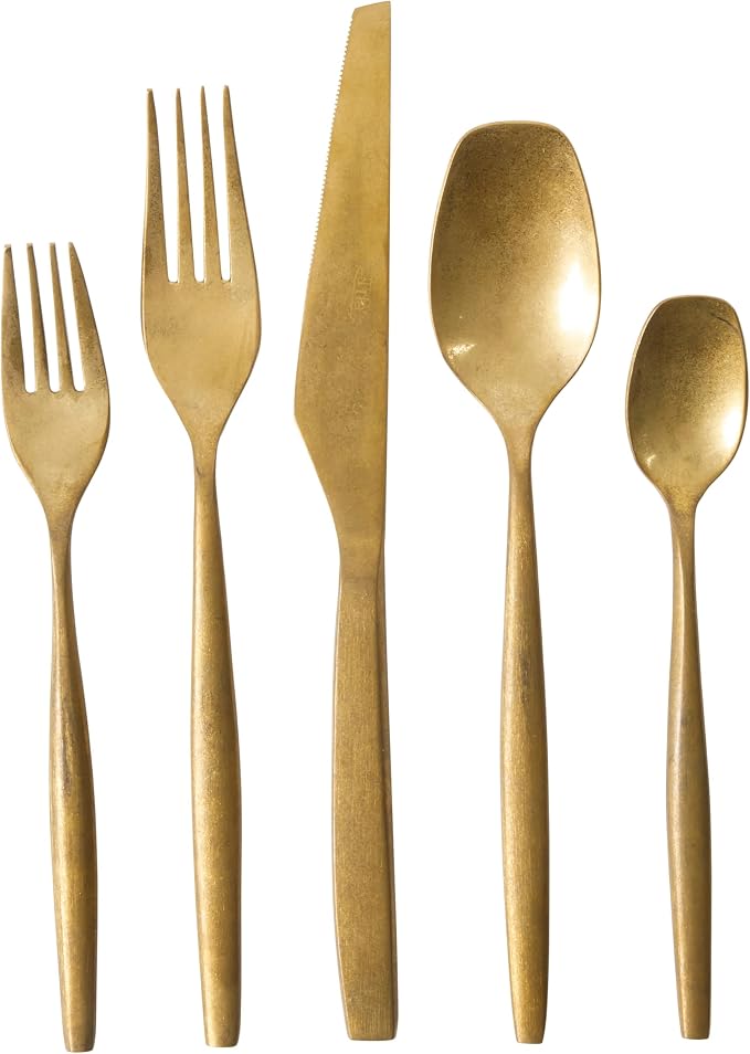 Two Time Oprah's Favorite Things Winner - 20 Piece Stone Washed Gold Flatware 18/10 Stainless Steel Silverware Cutlery Utensil Set With Acacia Wood Caddy - Service for 4