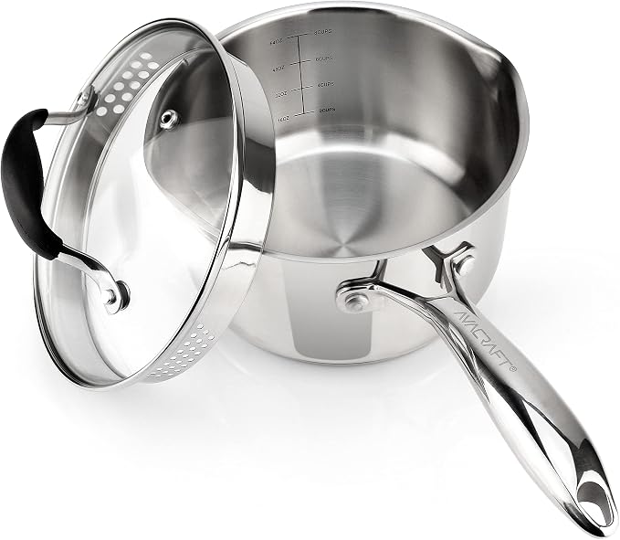 AVACRAFT 2.5 Quart Stainless Steel Saucepan with Glass Strainer Lid | 18/10 Stainless Steel, 5-Ply Capsule Base, Dual Pour Spouts, Induction Compatible, Ergonomic Handle, Dishwasher Safe